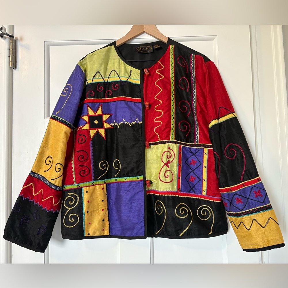 VTG Julia Kim Silk Jacket Womens Large Patchwork Glass Buttons Boho Art to Wear